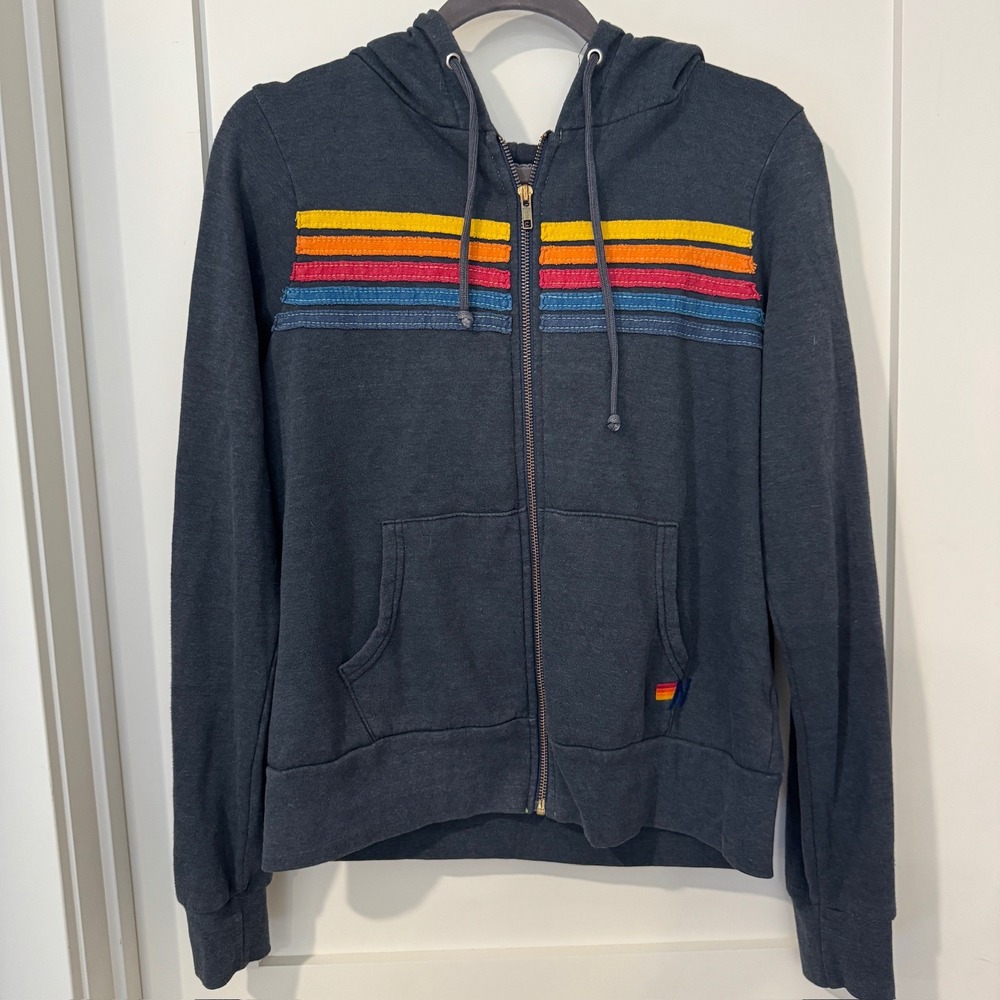 Aviator Nation Womens 5-Stripe Zip Up Hoodie Charcoal Gray Small